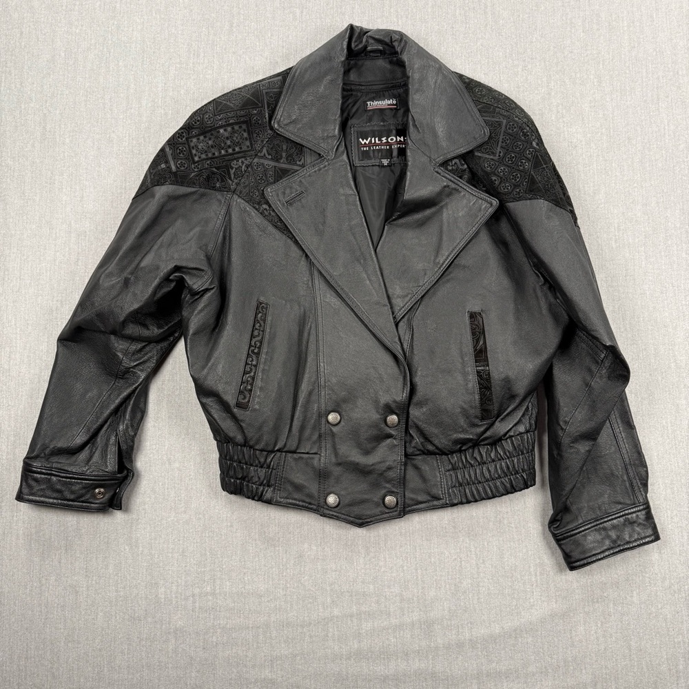 Wilson Black Women's Leather Bomber Jacket with Patterned Shoulders